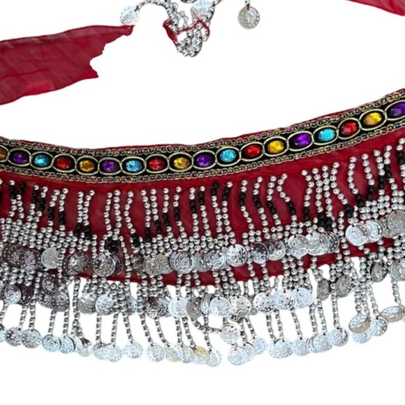 Chiffon Red Belly Dance Hip Scarf Colorful Gems Silver Coins and Bead Wrap Skirt - Picture 3 of 10